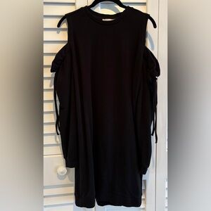 Black Cold Shoulder Dress Mini Thick Knit Ruffled Drawstring Long Sleeve S/M
